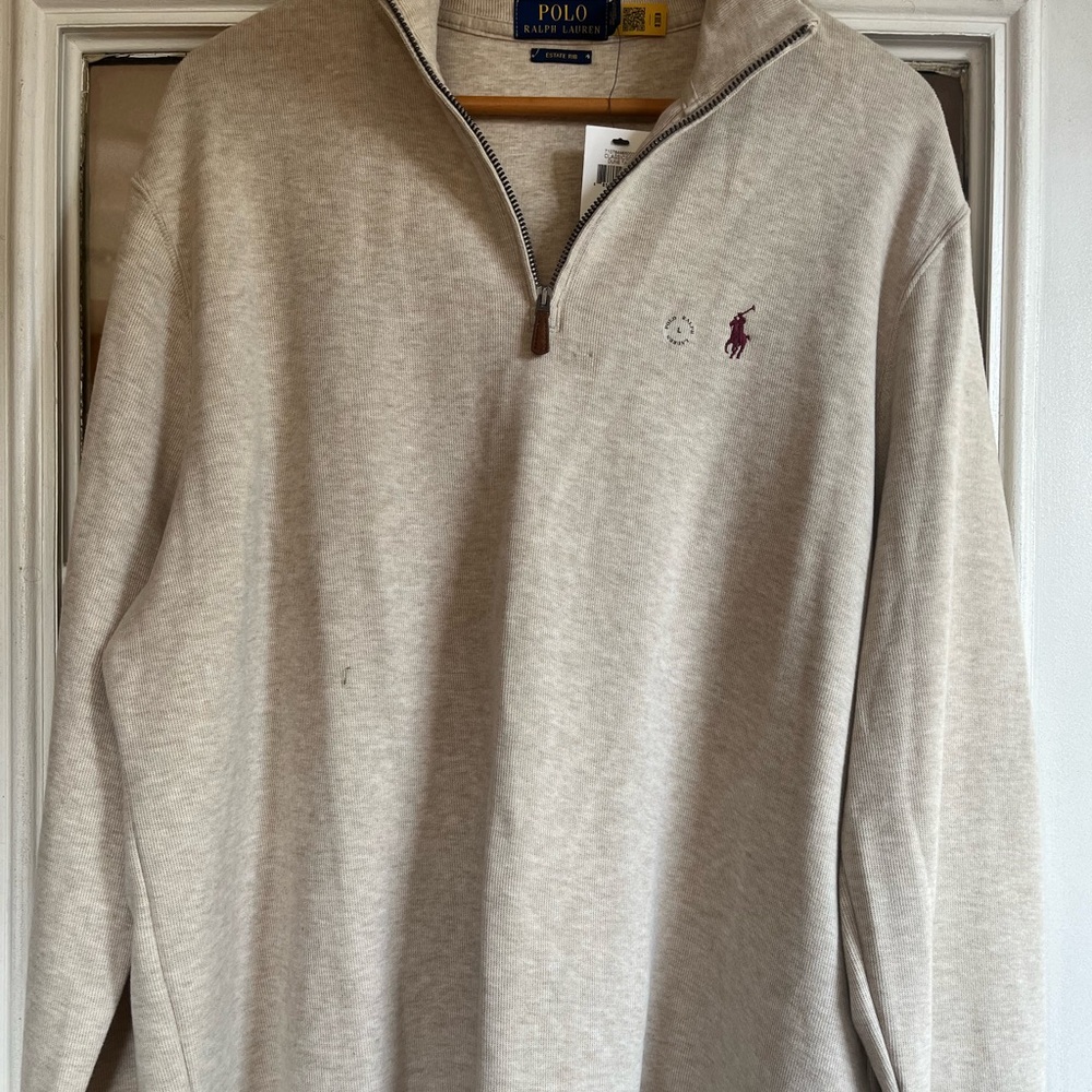 Ralph Lauren Estate Rib Light Tan Quarter-Zip Sweater Pony Logo Pullover NWT